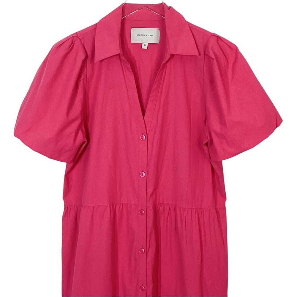 BROCHU WALKER Havana Dress M Hot Pink Tiered Midi Shirtdress Puff Sleeve - Picture 4 of 11